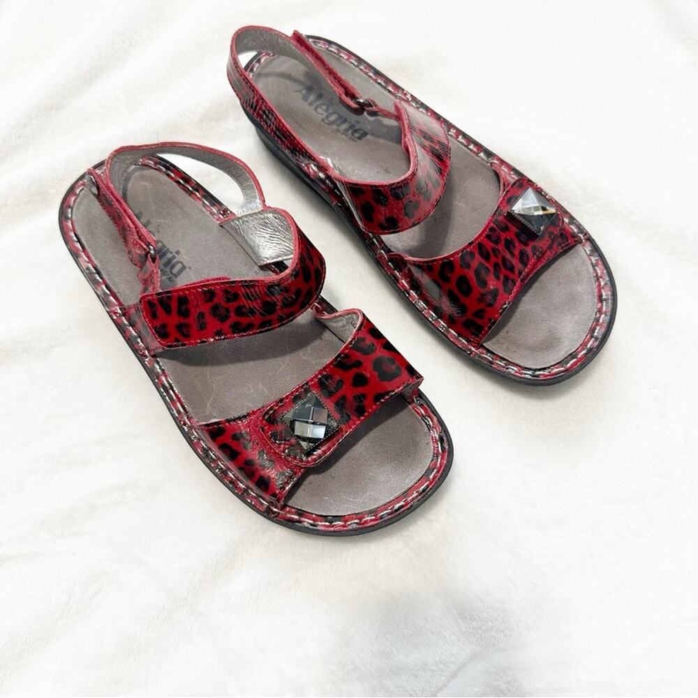 Alegria red snow leopard sandals open toe Velcro silver embellished size 37